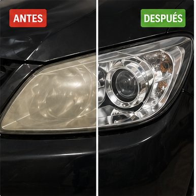 Comparación antes y después de restaurar un faro automotriz amarillento