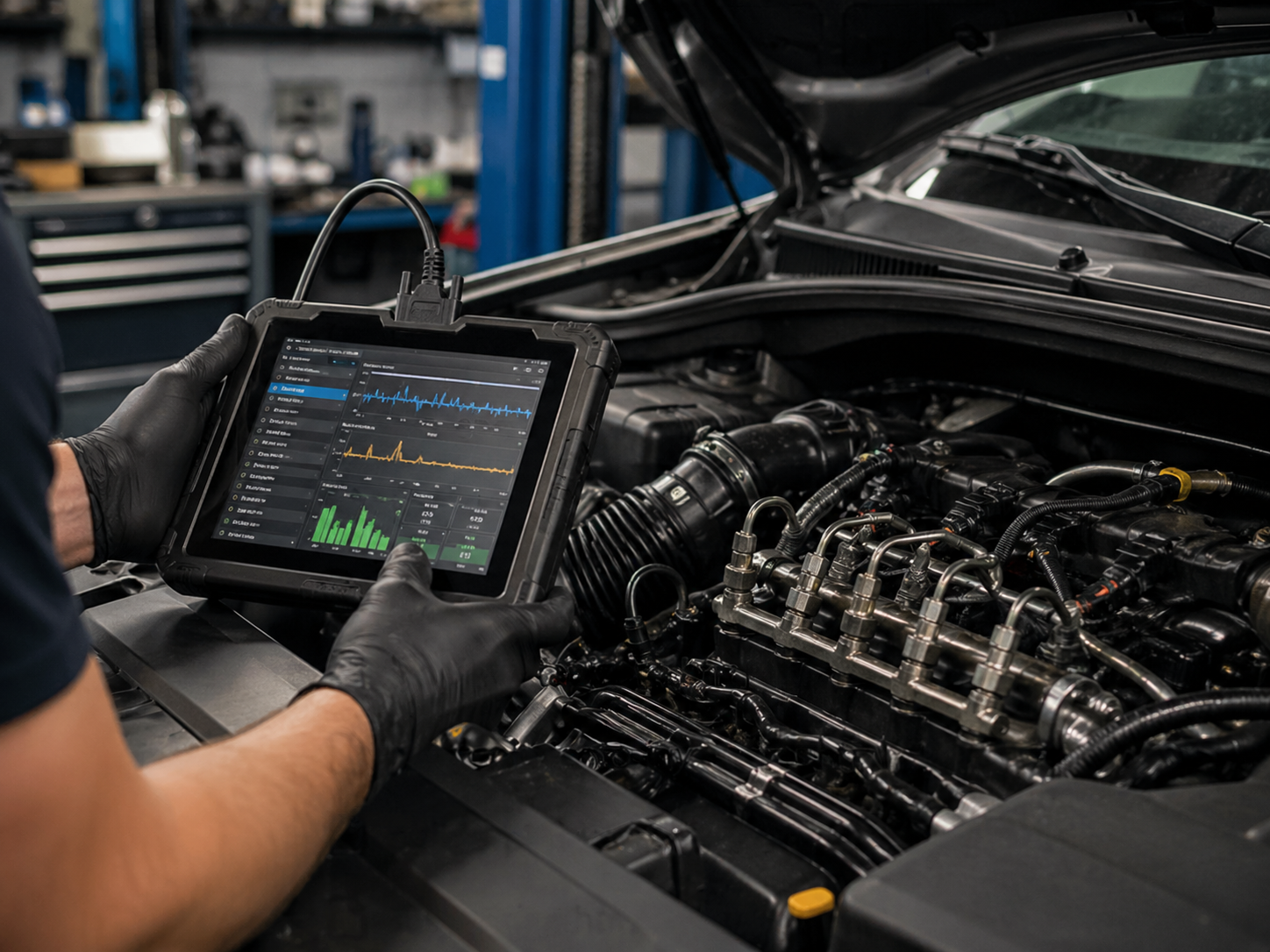 Técnico automotriz realizando diagnóstico OBD2 en un motor con un escáner electrónico