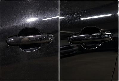 Comparación antes y después de pulido y corrección de pintura automotriz