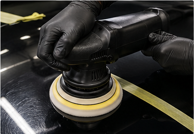 Pulido orbital de pintura automotriz con pad de espuma y cinta de protección