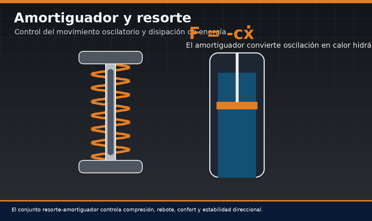Amortiguador y resorte de suspensión explicando control de oscilación