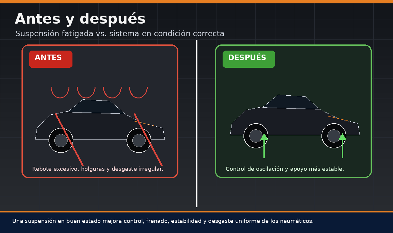 Comparación antes y después de mantenimiento de suspensión automotriz