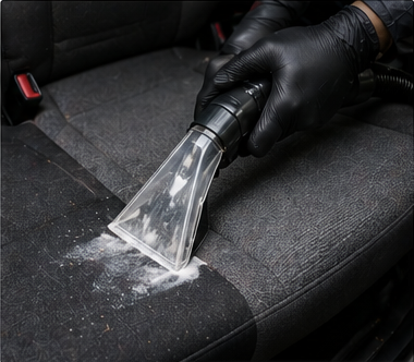 Aspirado profesional de asiento de tela automotriz antes de la limpieza profunda